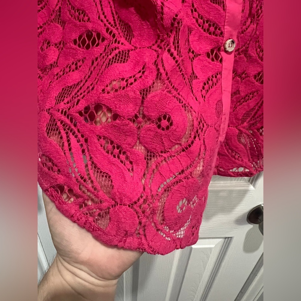 Anthropologie Fuchsia Lace Button-Down Shirt - Picture 5 of 7